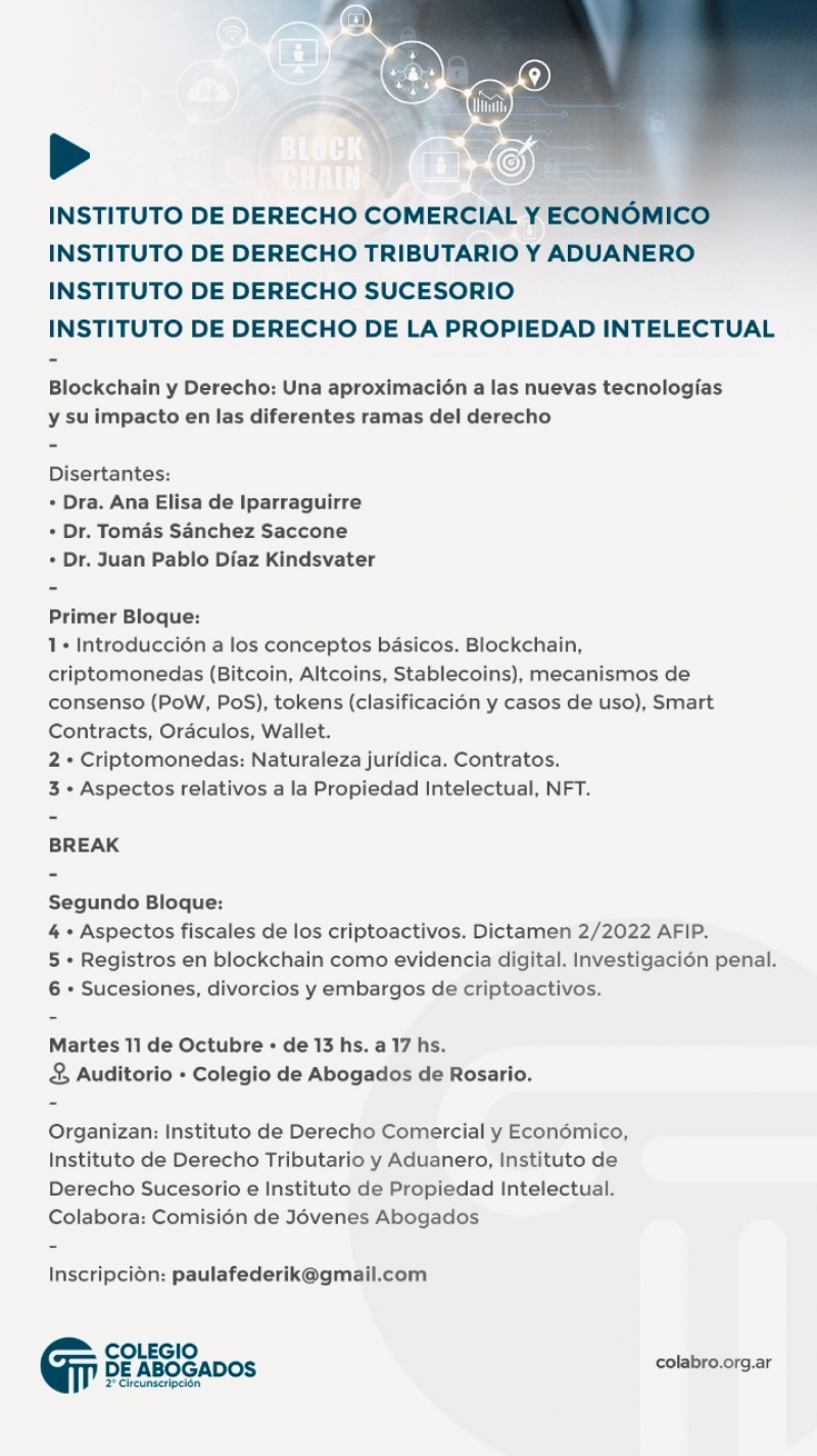 Blockchain y Derecho. Una aproximación a las nuevas tecnologías y su impacto en las diferentes ramas del derecho - 11/10/2022